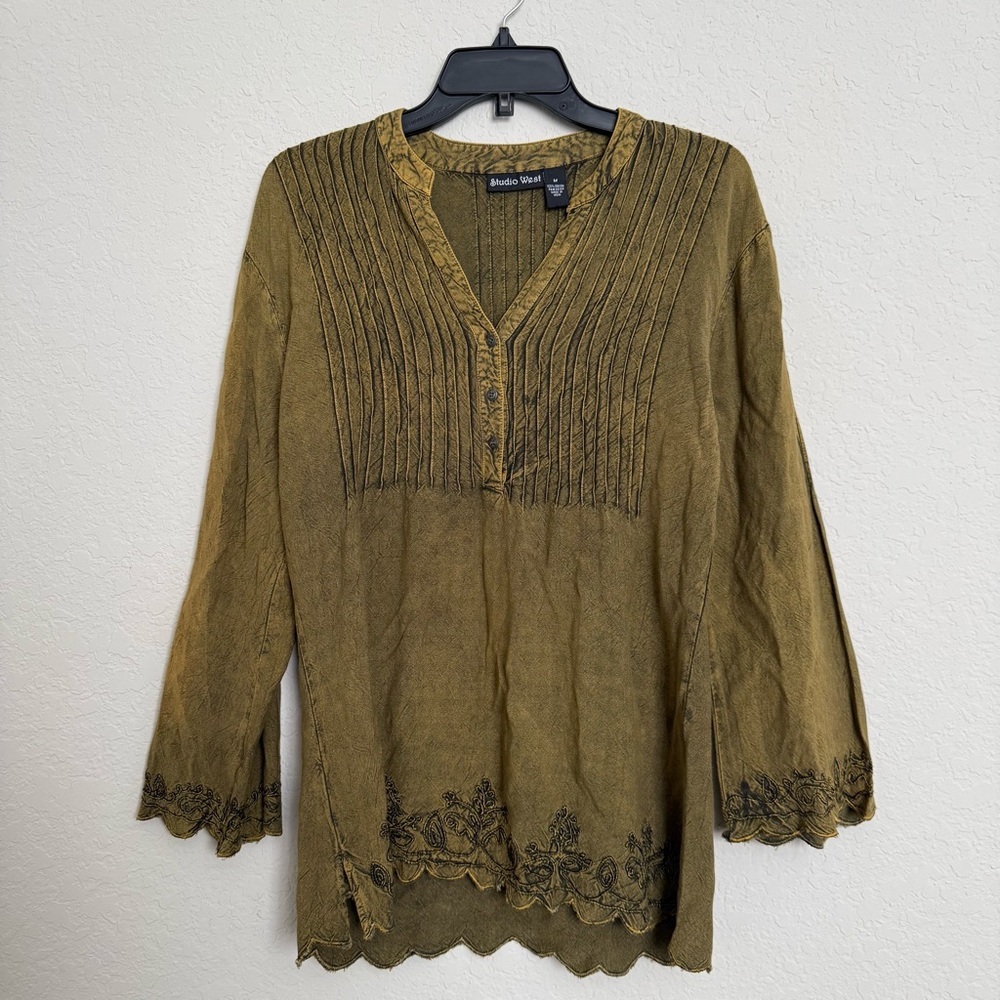 Studio West Green Embroidered Pintuck Blouse Sz M Goblincore Forest Fairy Boho